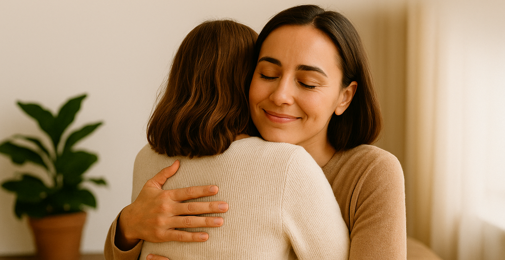 Two women sharing a warm hug, symbolizing emotional comfort and connection.